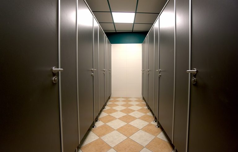 CT28 S, Dekor Graphitgrau U12257, Beschlag Edelstahl CL-Form, Aluminium EV1 eloxiert (Chemnitzer Trennwände, WC-Trennwand Hersteller, WC-Trennwände, Trennwandsysteme, Toilettentrennwände, Sanitärtrennwände)